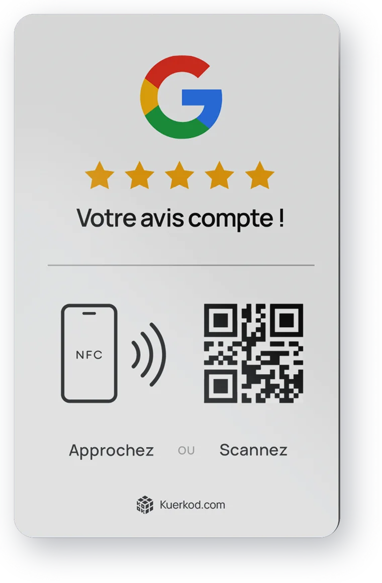 Carte Avis Google NFC Kuerkod avec puce NFC et QR code