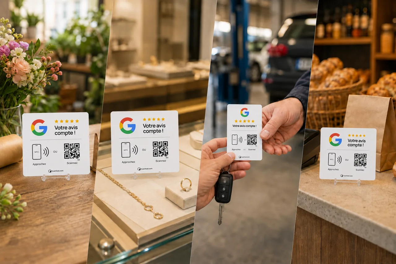 Plaque et carte Avis Google Kuerkod chez un fleuriste, en bijouterie, au garage et en boulangerie