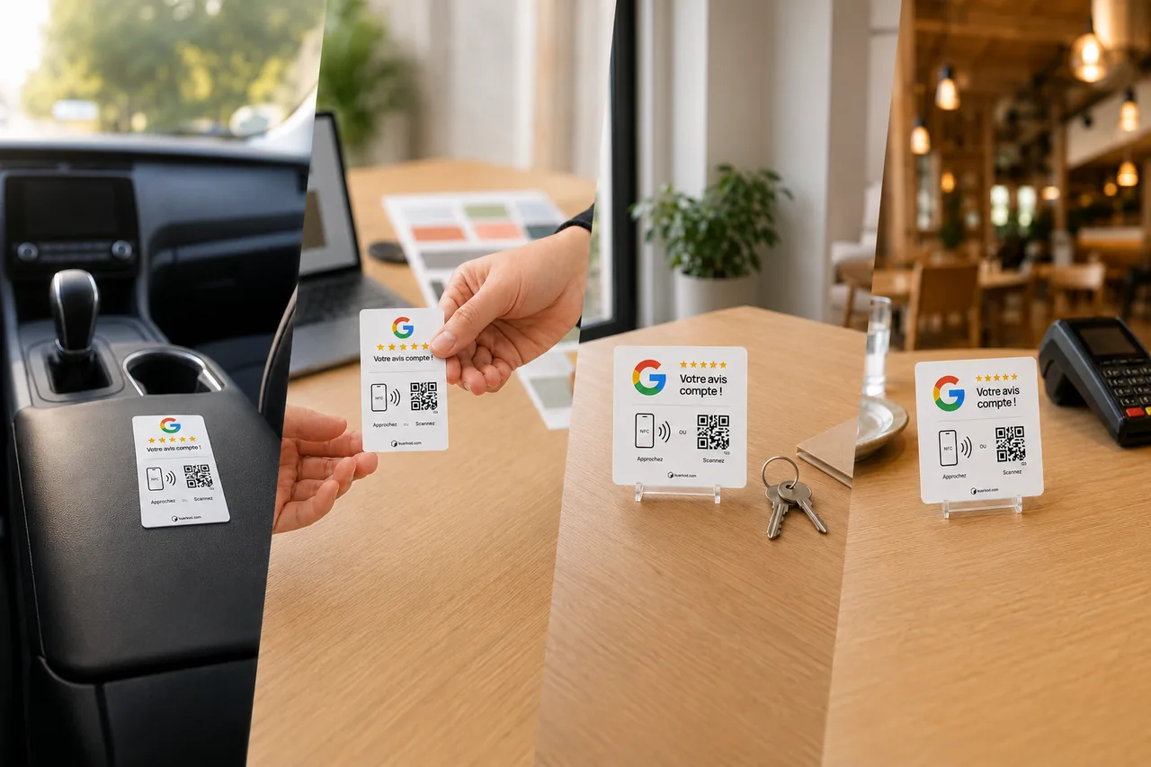 Quatre usages Kuerkod : carte tendue en taxi, en agence, plaque remise avec les clés chez un agent immobilier, plaque posée près du terminal de paiement