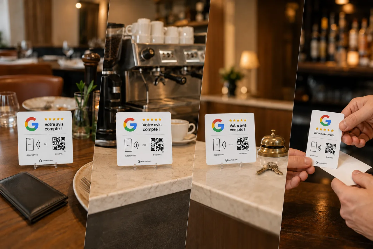 Plaque et carte Avis Google Kuerkod à table avec l'addition, au comptoir du café, à la réception d'hôtel et au bar