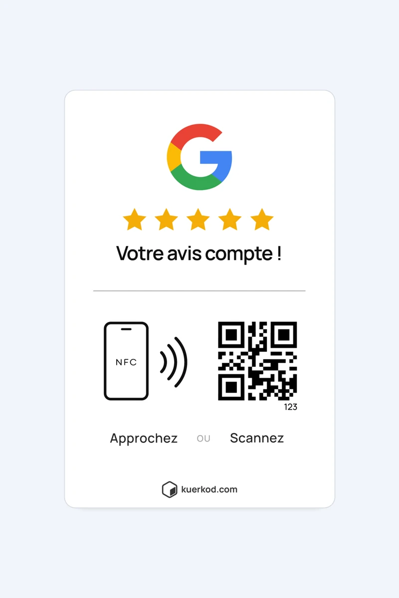 Carte NFC/QR Kuerkod «&nbsp;Avis Google&nbsp;» vue de face