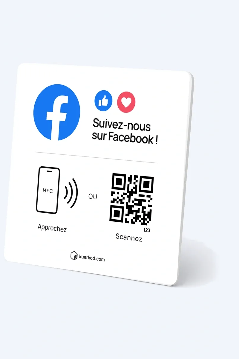 Plaque Facebook NFC/QR Kuerkod, vue de trois quarts
