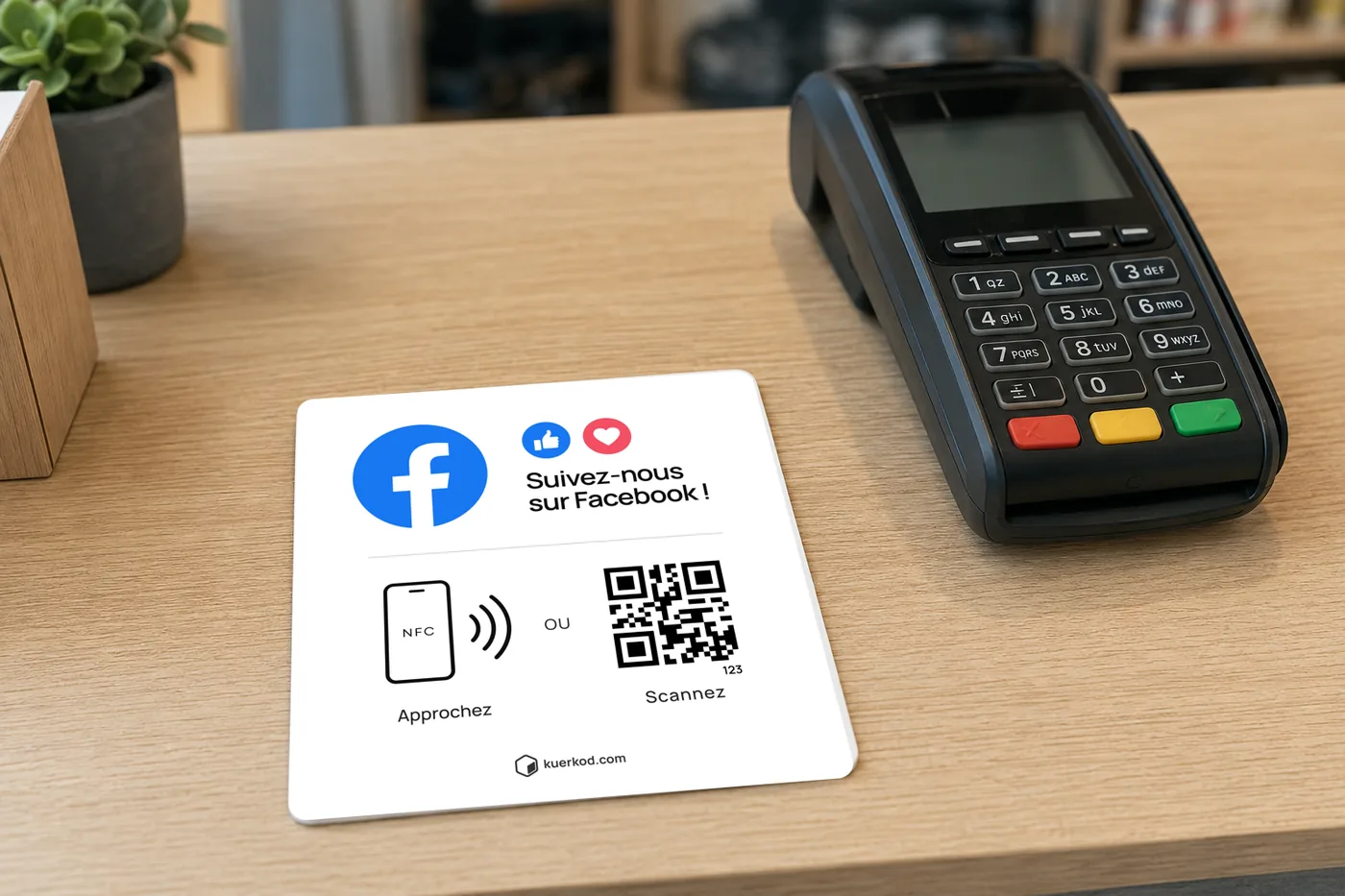 Plaque NFC/QR Kuerkod «&nbsp;Facebook&nbsp;» posée sur un comptoir, à portée du client