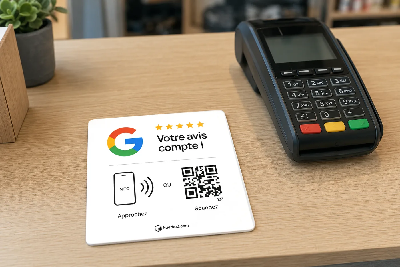 Plaque NFC/QR Kuerkod posée sur le comptoir d'un commerce, face « Approchez ou scannez » visible