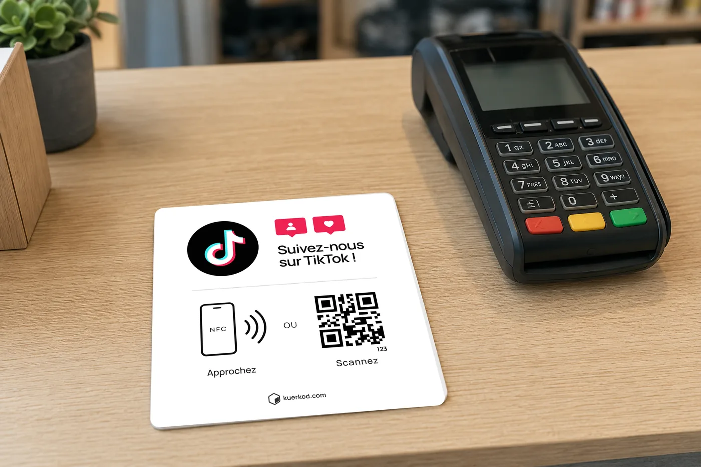 Plaque NFC/QR Kuerkod «&nbsp;TikTok&nbsp;» posée sur un comptoir, à portée du client